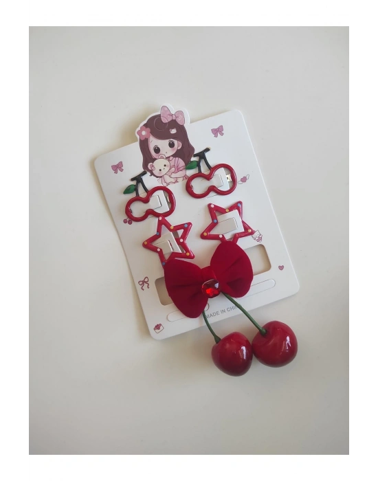 Kız Çocuk Kırmızı Toka Seti Kiraz Toka