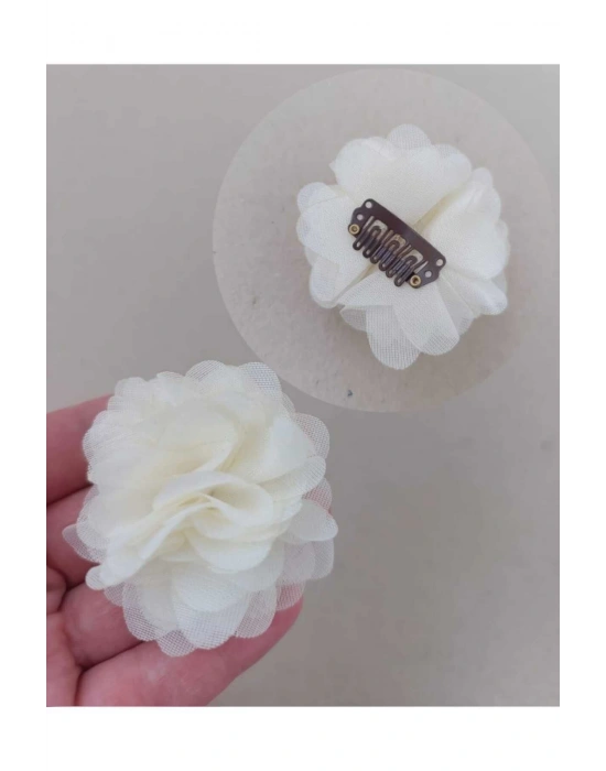 Bir Adet Ekru Renk Şifon Çiçek Yenidoğan Tokası Saçsız Bebek Tokası Az Saçlı Bebek Tokası