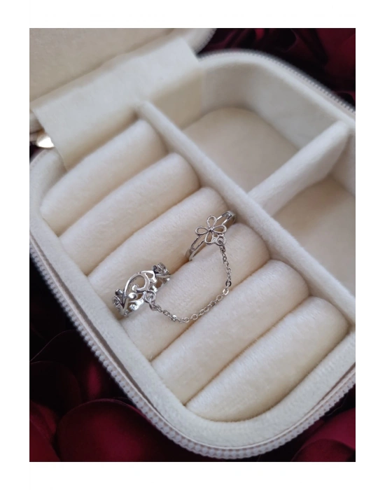 Çiçek Figürlü Zincirli Çift Yüzük (Gümüş)
