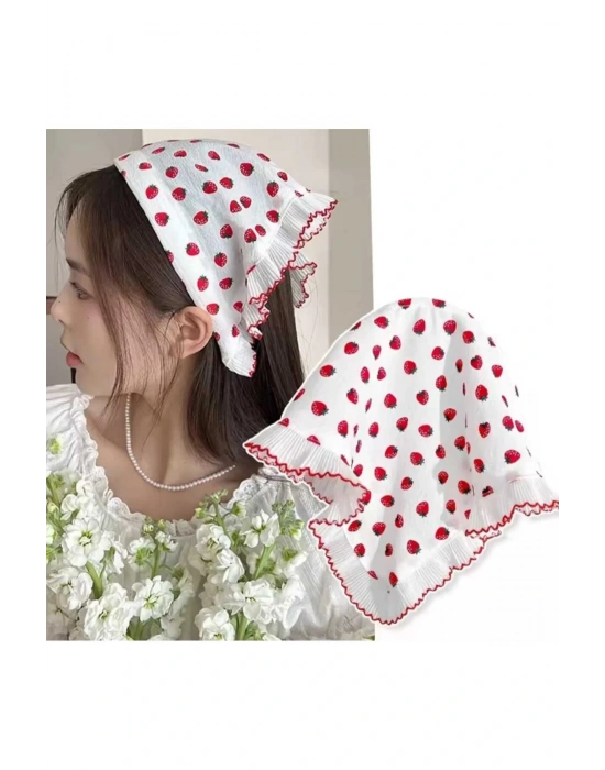 Çilek Desenli Kırmızı Renk Fırfırlı Üçgen Bohem Fularlı Taç