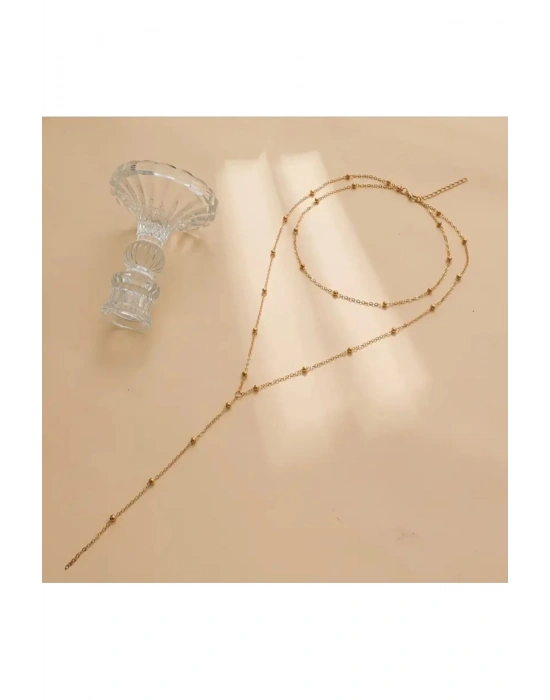 Gold Yuvarlak Boncuklu Zincir Model Y Kolye (Gold)