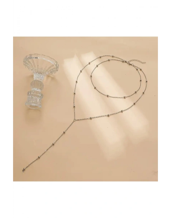 Gümüş Yuvarlak Boncuklu Zincir Model Y Kolye (Gümüş)