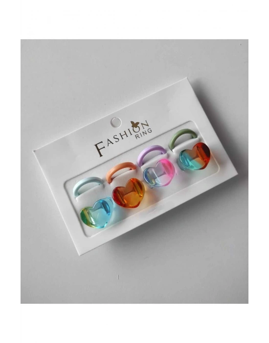 Kadın 8 Adet Cam Kalp Yüzük Seti (Çok Renkli)
