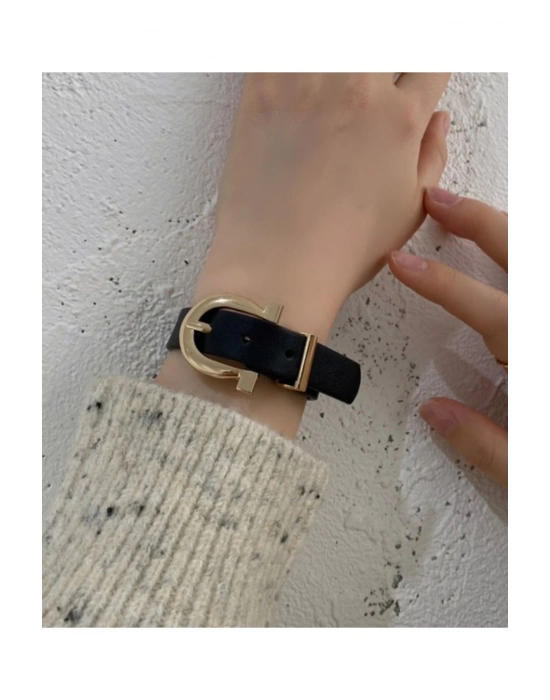 Kemer Detaylı Deri Bileklik (Siyah)
