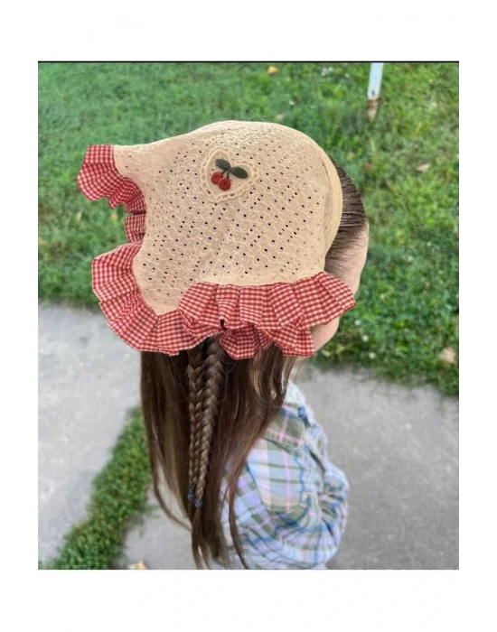 Kiraz Desenli Kırmızı Renk Fırfırlı Üçgen Bohem Fularlı Taç