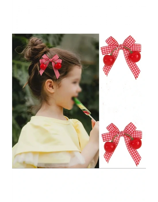 Kız Çocuk Bir Çift Pensli Ekose Kiraz Toka