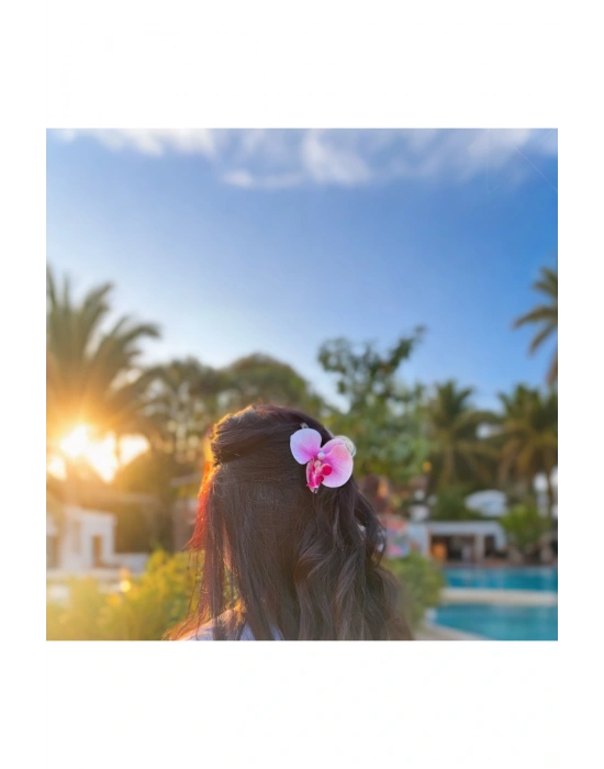 Pembe saten fiyonklu çiçekli toka