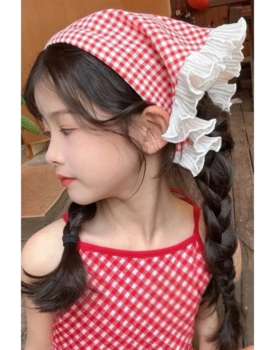 Pötikare Desenli Kırmızı Renk Fırfırlı Üçgen Bohem Fularlı Taç