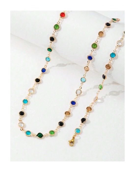 Renkli Paris Dünyası Y Şekilli Şık Kadın Kolye (Gold)