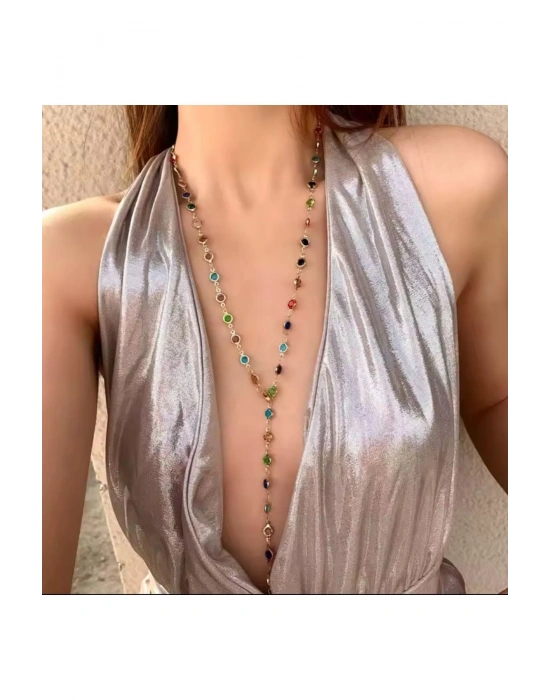 Renkli Taşlı Y Kolye (Altın)