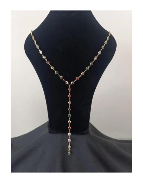 Renkli Taşlı Y Kolye (Sarı)