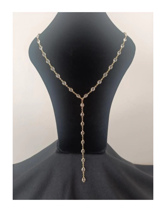 Şeffaf Taşlı Damla Model Y Kolye (Altın)