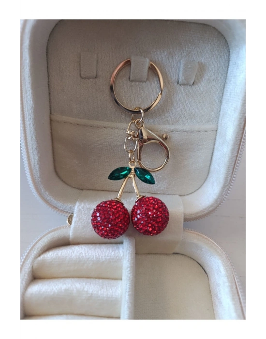 Taşlı Kiraz Charm Çanta Charm Aksesuarı (Kırmızı)