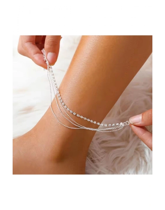 Vintage 3 Katlı Kristal Taşlı Halhal (Gümüş)