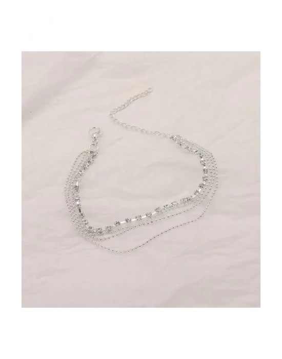 Vintage 3 Katlı Kristal Taşlı Halhal (Gümüş)