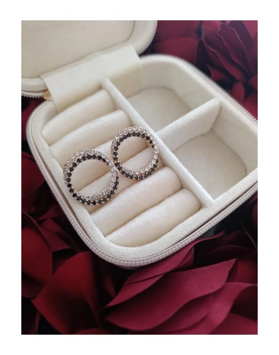 Vintage Çift Halka Çelik Taşlı Küpe (Gold-Siyah)