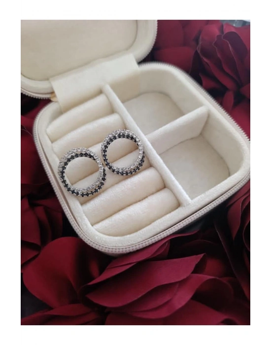 Vintage Çift Halka Çelik Taşlı Küpe (Gümüş-Siyah)