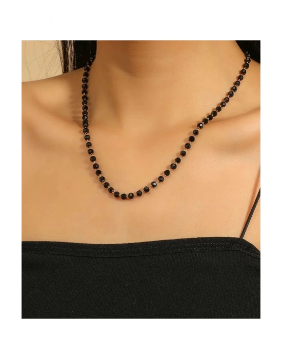 Vintage Kristal Boncuklu Kolye (Siyah)