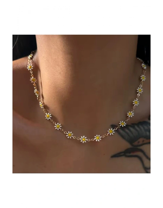 Vintage Papatya Kolye (Sarı-Beyaz)