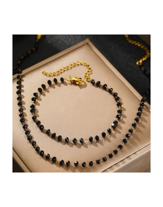 Vintage Siyah Kristal Boncuklu Kolye Bileklik Seti (Siyah)