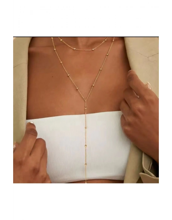 Vintage Top Zincirli Çift Kat Y Kolye (Altın)