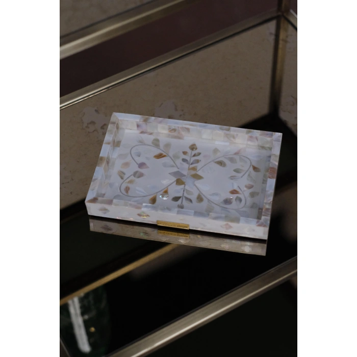 Firuz Sedef Kakma Mini Tepsi Beyaz