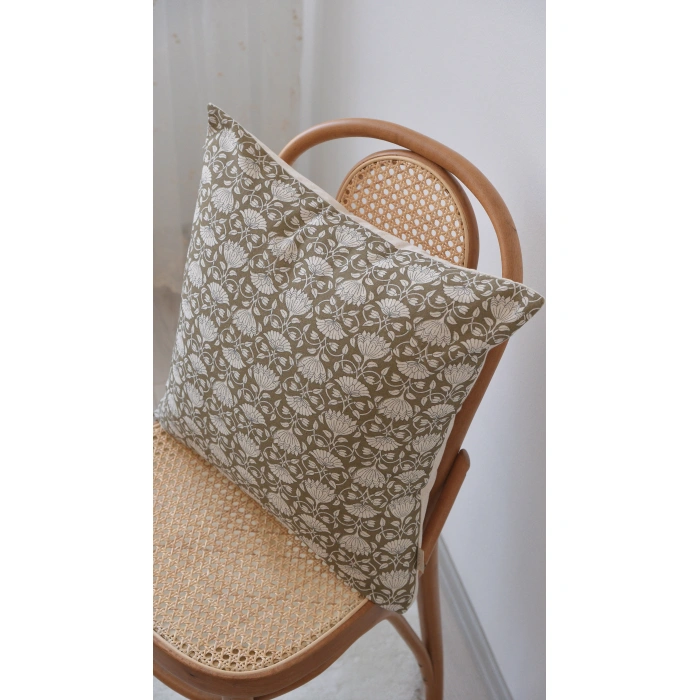 Haki Nakshi Keten Kırlent Kılıfı