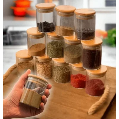 12 Li Bambu Vakum Kapaklı Mini Cam Kavanoz Seti