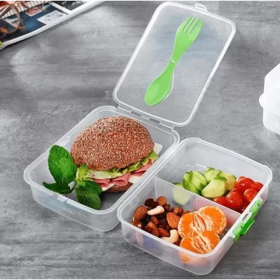3 Bölmeli Kilit Kapaklı Kaşıklı Beslenme Kutusu