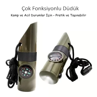 7in1 Acil Durum Kampçı Düdüğü El Feneri Termometre Pusula Büyüteç