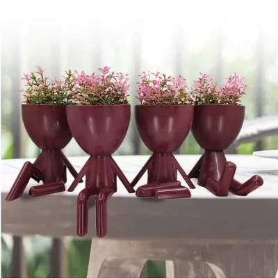 Bordo Dekoratif İnsan Şekilli Figür Saksı 3 Lü