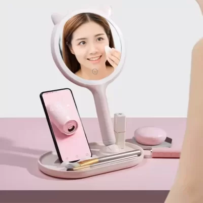 Kedi Kulaklı Telefon Standlı Dokunmatik Led Yuvarlak Makyaj Aynası
