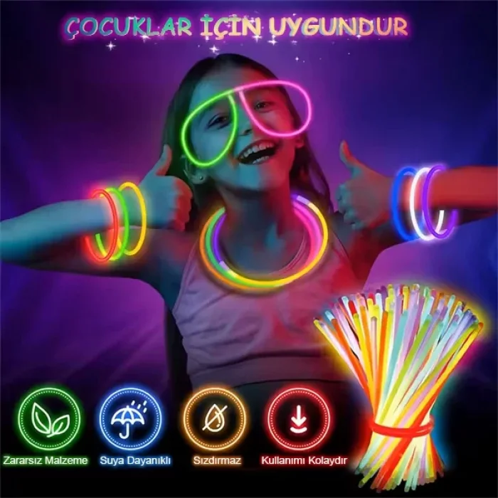100 Parça Glow Stick Işıklı Karanlıkta Parlayan Fosforlu Çubuk