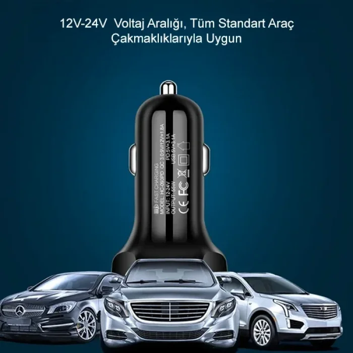 2 Usb 1 Type C 55w 3.0 Hızlı Şarj Aleti Oto Araç Çakmaklık Şarj Cihazı