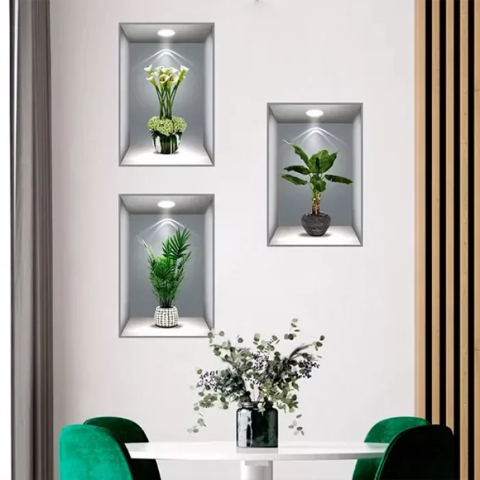 3 Adet 3d Çiçek Vazo Duvar Sticker Gri Fon