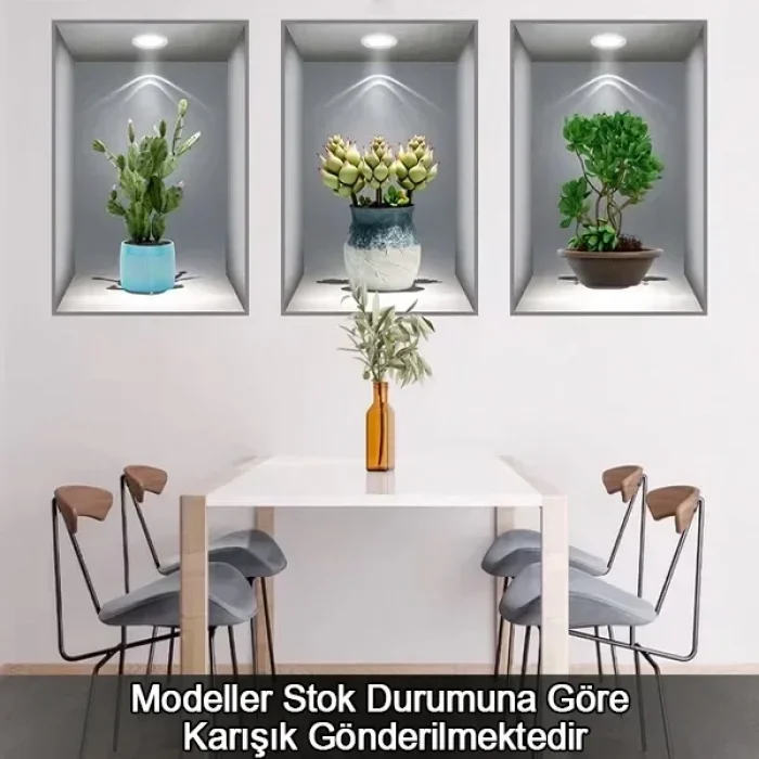 3 Adet 3d Çiçek Vazo Duvar Sticker Gri Fon