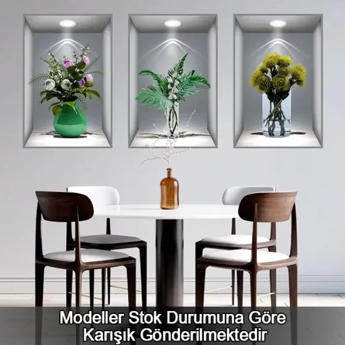 3 Adet 3d Çiçek Vazo Duvar Sticker Gri Fon