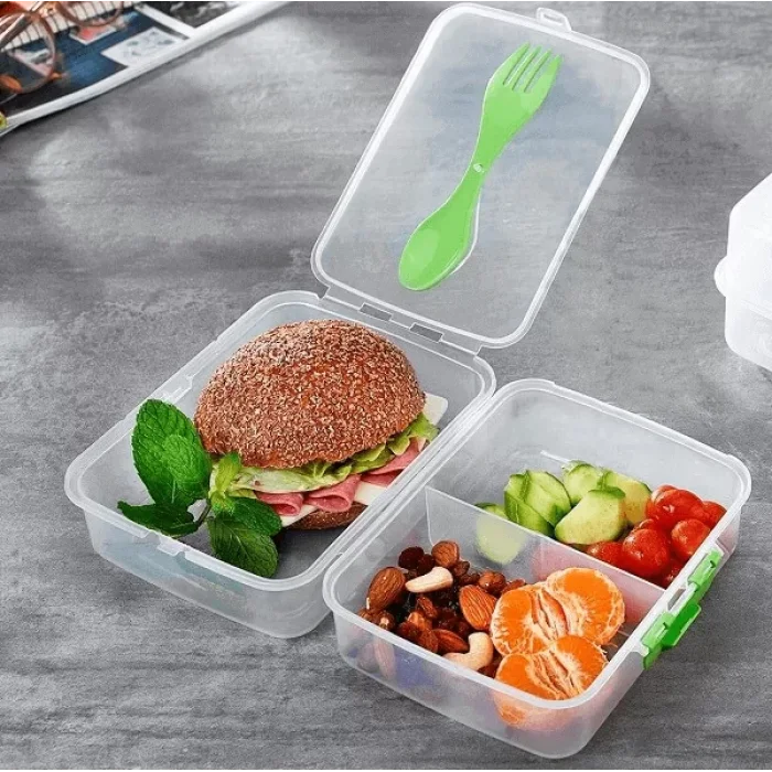 3 Bölmeli Kilit Kapaklı Kaşıklı Beslenme Kutusu