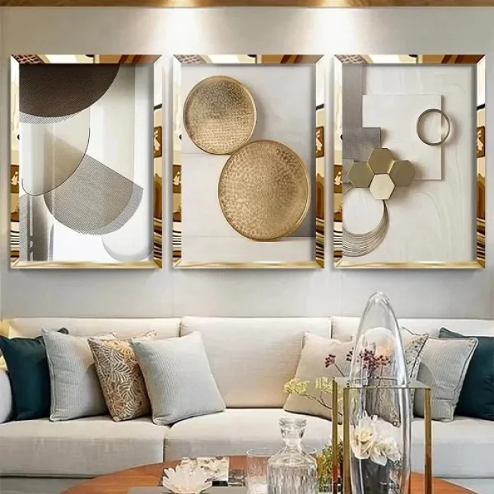 3lü Gold Geometrik Aynalı Pleksi Tablo 40x60