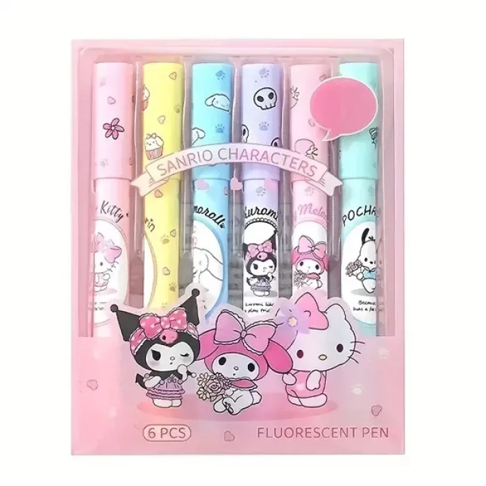 6 Lı Fosforlu Kalem Seti Sanrio Karakterleri Kuromi Hello Kitty