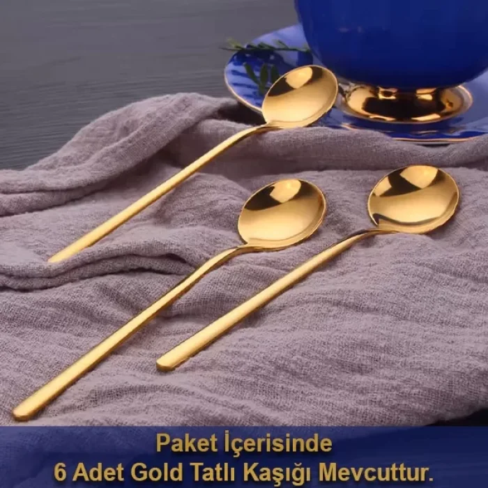 6 Lı Parlak Gold Tatlı Kaşığı Seti
