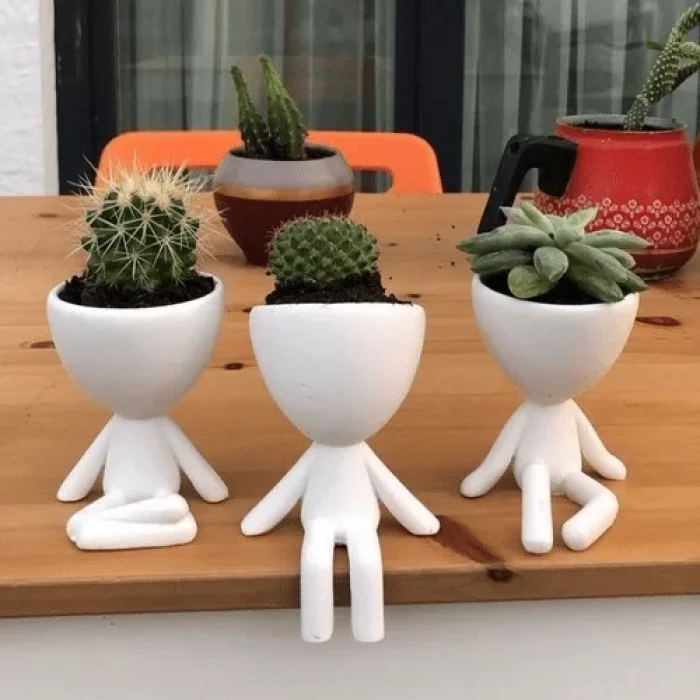 Beyaz Dekoratif İnsan Şekilli Figür Saksı 3 Lü