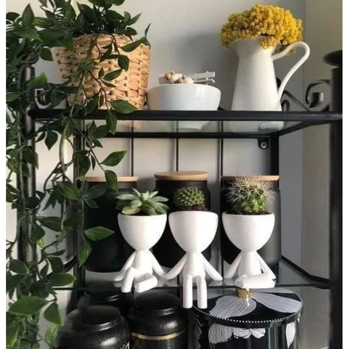 Beyaz Dekoratif İnsan Şekilli Figür Saksı 3 Lü