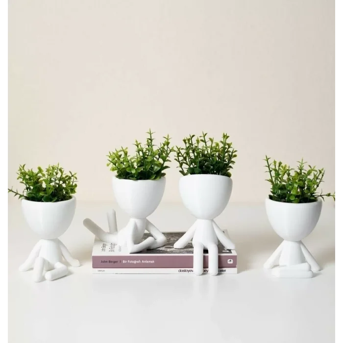 Beyaz Dekoratif İnsan Şekilli Figür Saksı 3 Lü