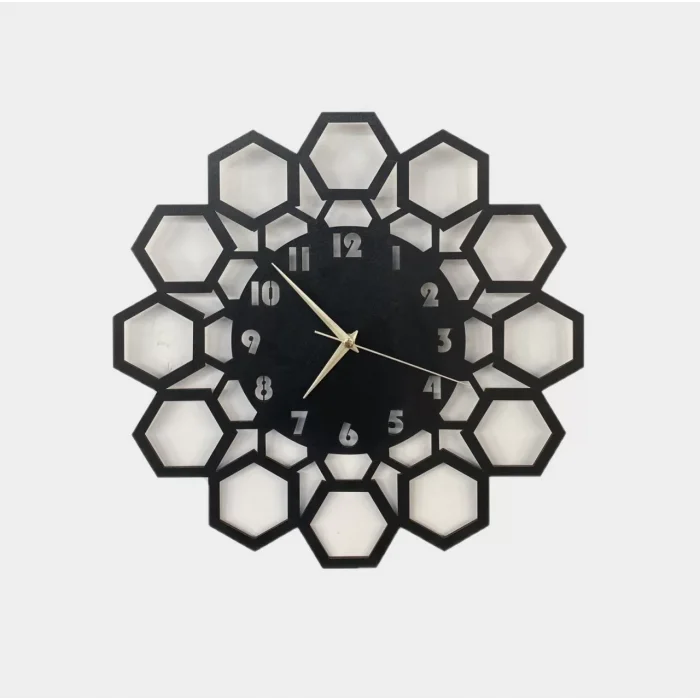 Dekoratif Lazer Kesim Altıgen Kenarlı Duvar Saati