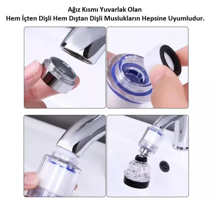 Filtreli 3 Fonksiyonlu 360 Derece Döner Musluk Başlığı