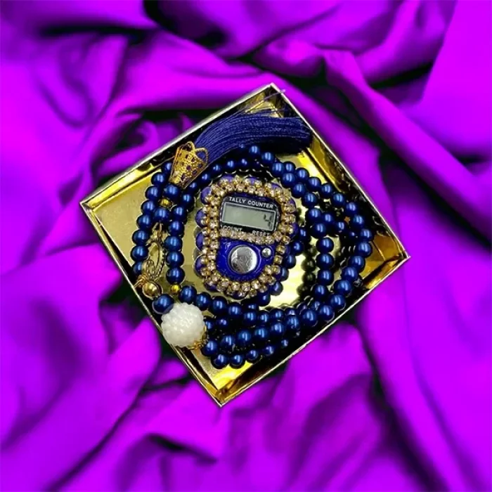 Hediyelik Taşlı Zikirmatik Ve Tesbih Seti Kutulu Lacivert