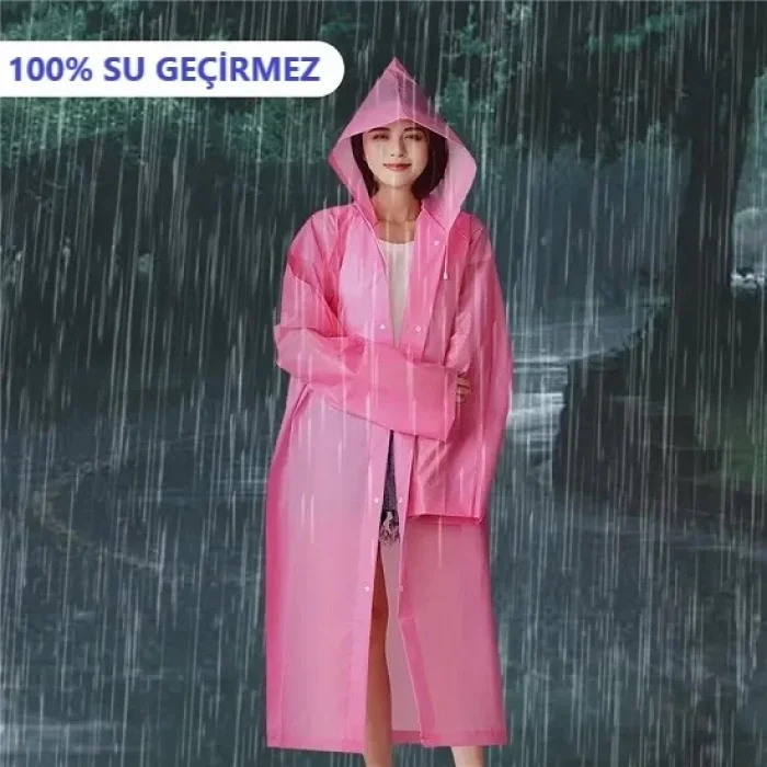 Kalın Yağmurluk Kapşonlu Çıtçıtlı Dayanıklı Pembe