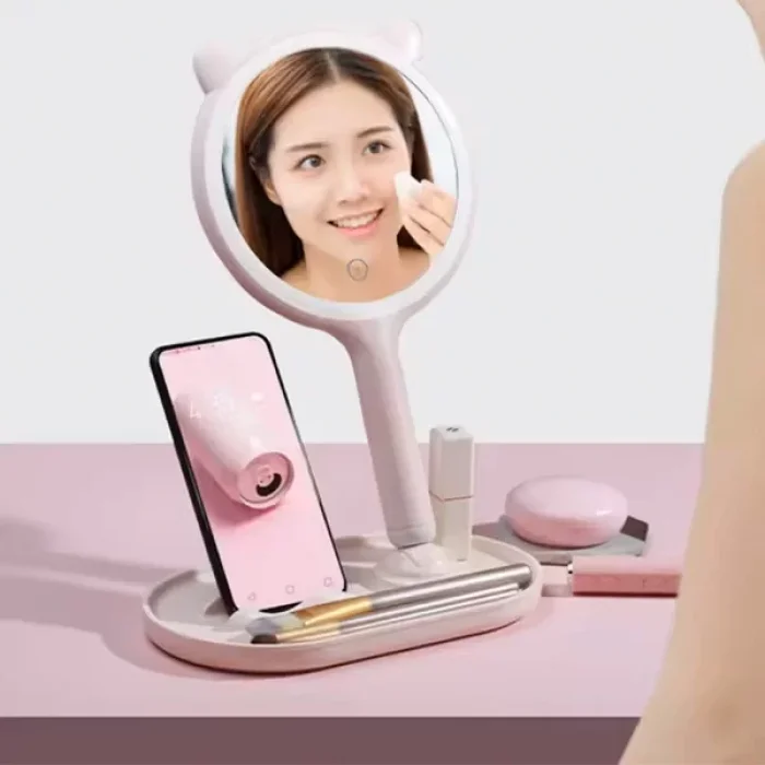 Kedi Kulaklı Telefon Standlı Dokunmatik Led Yuvarlak Makyaj Aynası