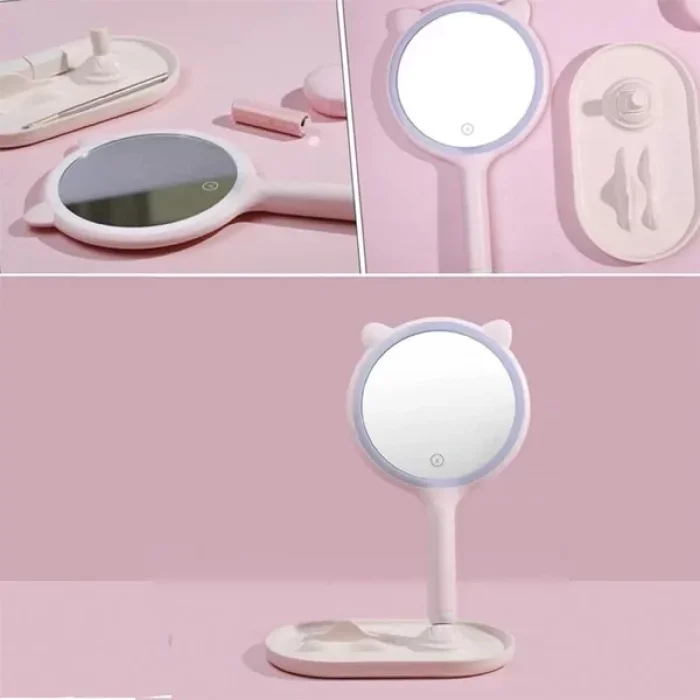 Kedi Kulaklı Telefon Standlı Dokunmatik Led Yuvarlak Makyaj Aynası